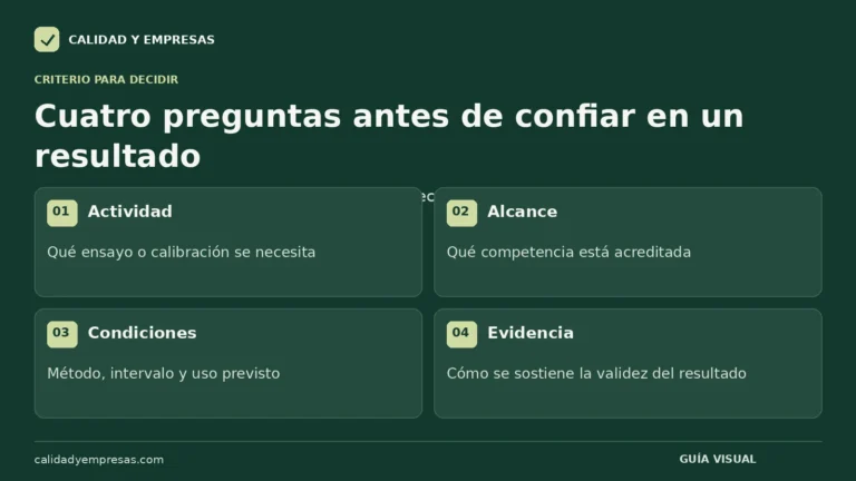 Cuatro preguntas antes de confiar en un resultado. Actividad: Qué ensayo o calibración se necesita. Alcance: Qué competencia está acreditada. Condiciones: Método, intervalo y uso previsto. Evidencia: Cómo se sostiene la validez del resultado