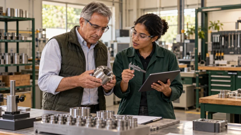Empresario e ingeniera de calidad revisando una pieza y su registro de control.