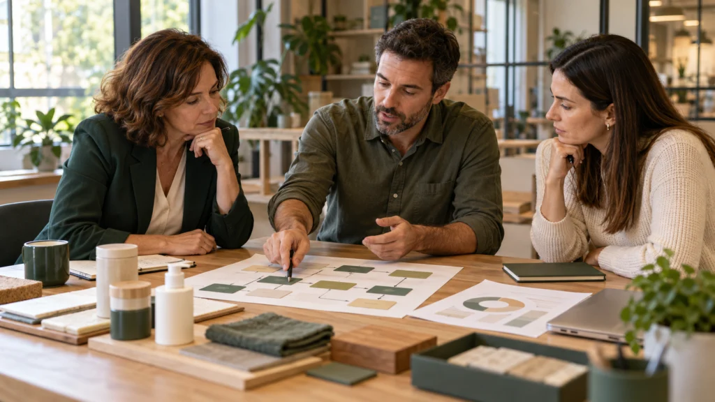 Equipo directivo revisando un mapa de trabajo y muestras de producto durante un diagnóstico empresarial.
